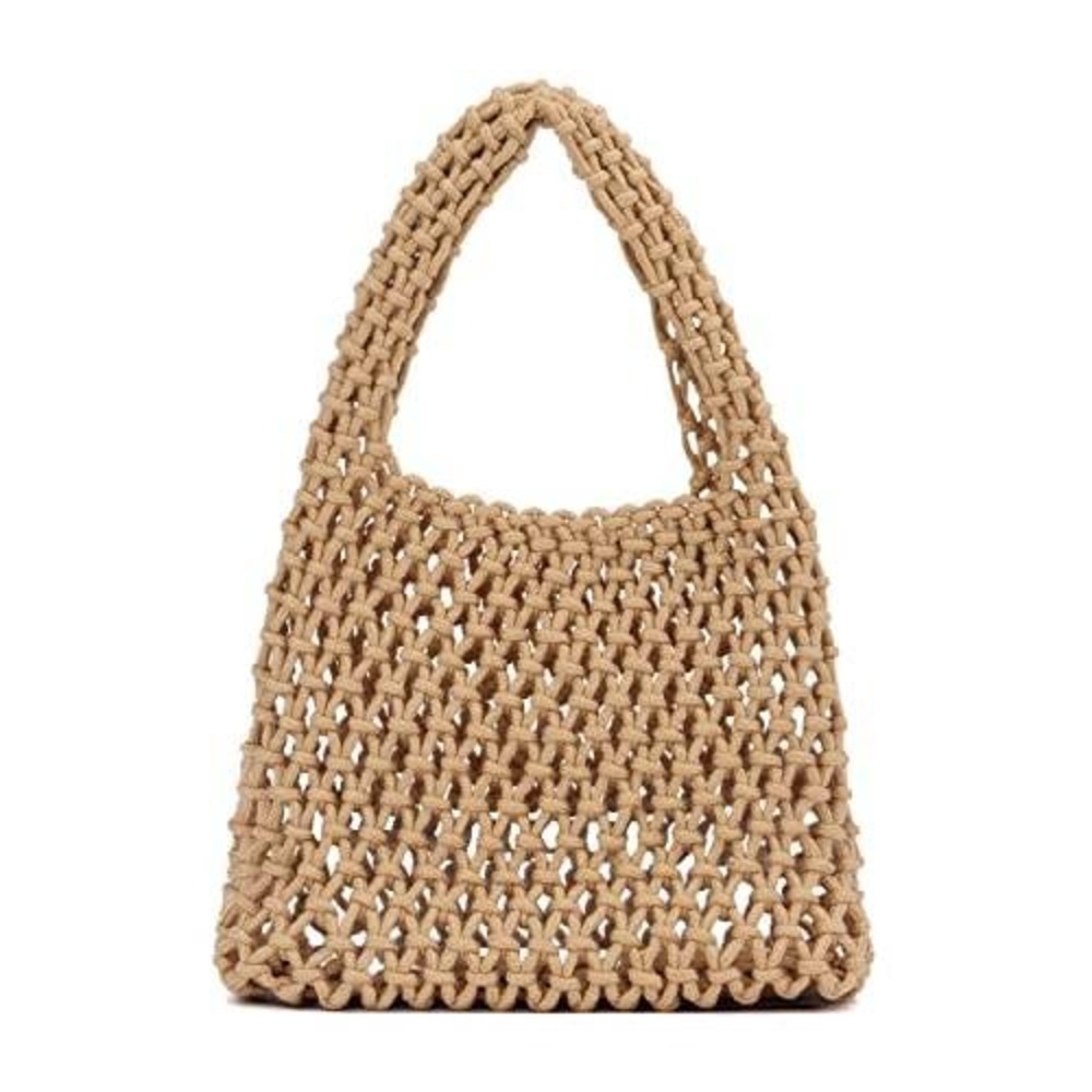 Tan Macrame Woven Net Tote Bag Boho Summer‎ Beach Shoulder Bag Beige Handbag